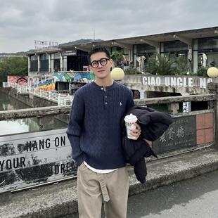 新款 秋季 韩系蓝色麻花刺绣亨利领毛衣男简约休闲上衣 Tian Nick