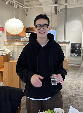 nick tian 日系休闲黑色连帽卫衣男冬季宽松休闲袋鼠兜套头衫