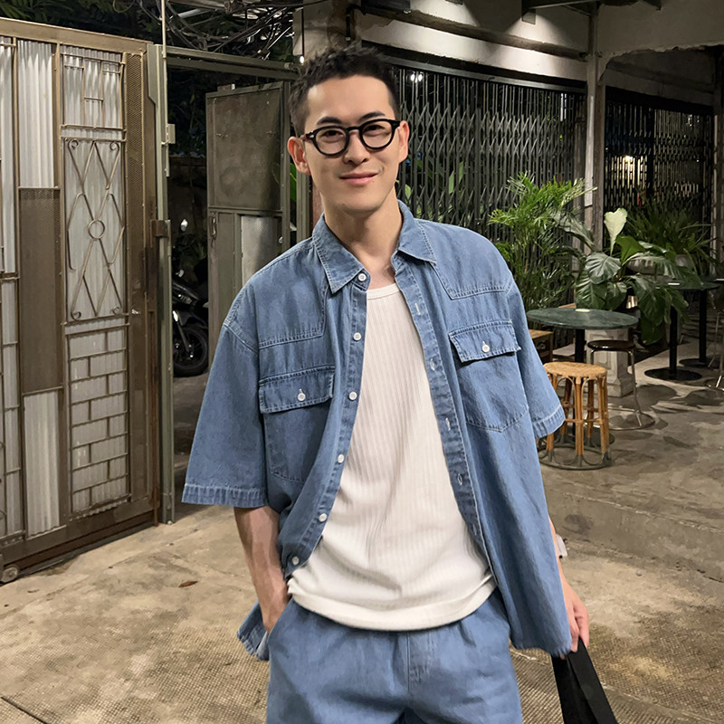 NickTian工装柔软牛仔短袖衬衫图片