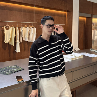 新款 Nick 毛衣男秋季 条纹亨利领polo翻领针织衫 极简老钱风 Tian