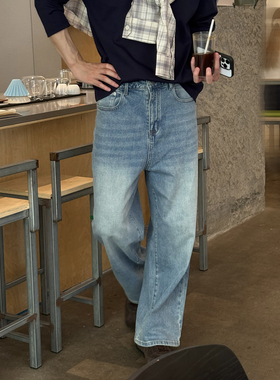 Nick Tian 简约高级感蓝色水洗牛仔裤直筒长裤男新款百搭韩系裤子