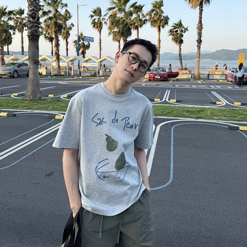 Nick Tian 小众设计水果印花灰色短袖T恤男夏季新款美式休闲宽松