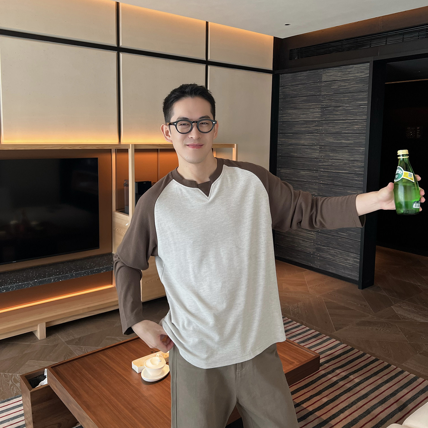 Nick Tian 秋冬韩系极简拼色长袖T恤男新款休闲宽松插肩袖上衣