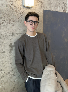 Nick Tian 老钱风纯色假两件白边针织衫男秋冬高级感毛衣打底衫