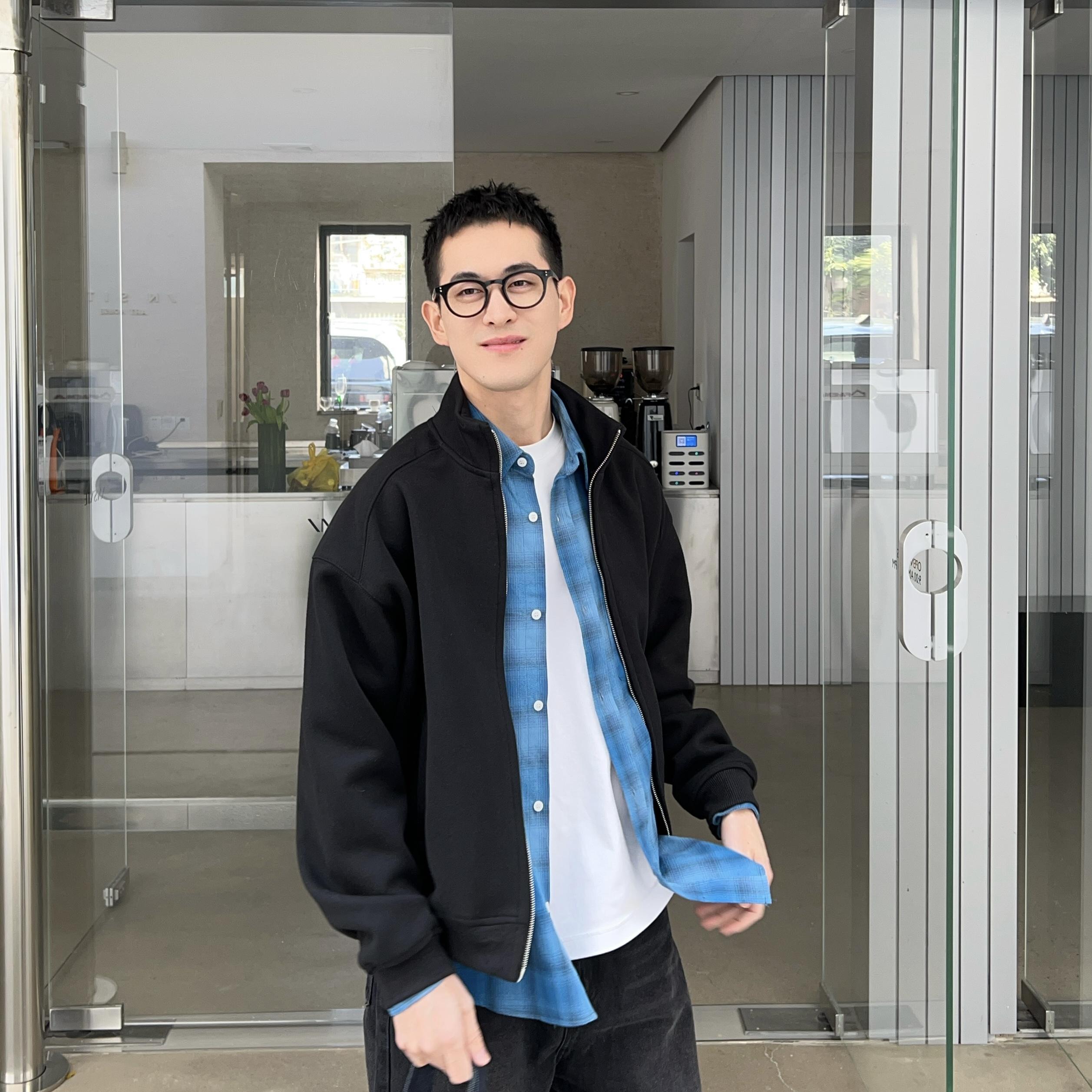 NickTian韩版黑色拉链卫衣外套