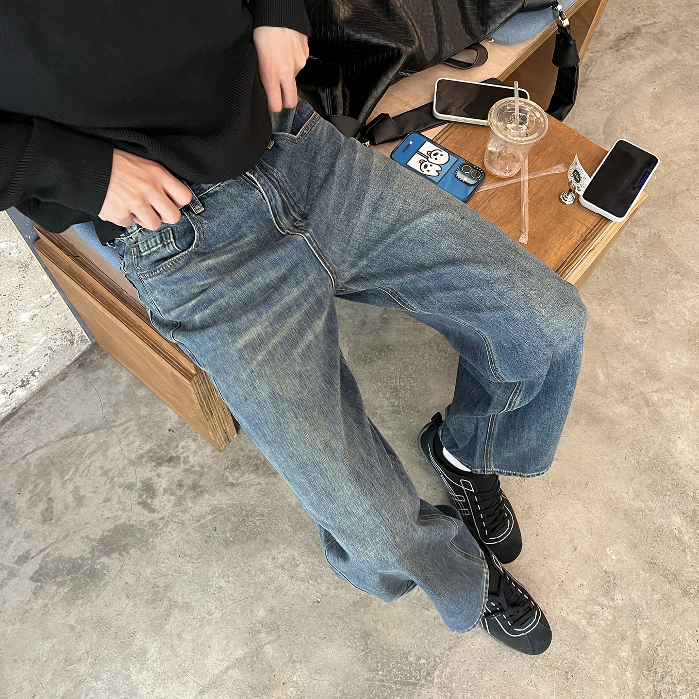 NickTian复古做旧小直筒牛仔裤