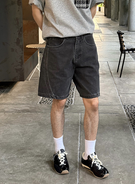 Nick Tian 柔软透气黑色牛仔短裤男夏季新款美式休闲直筒宽松百搭
