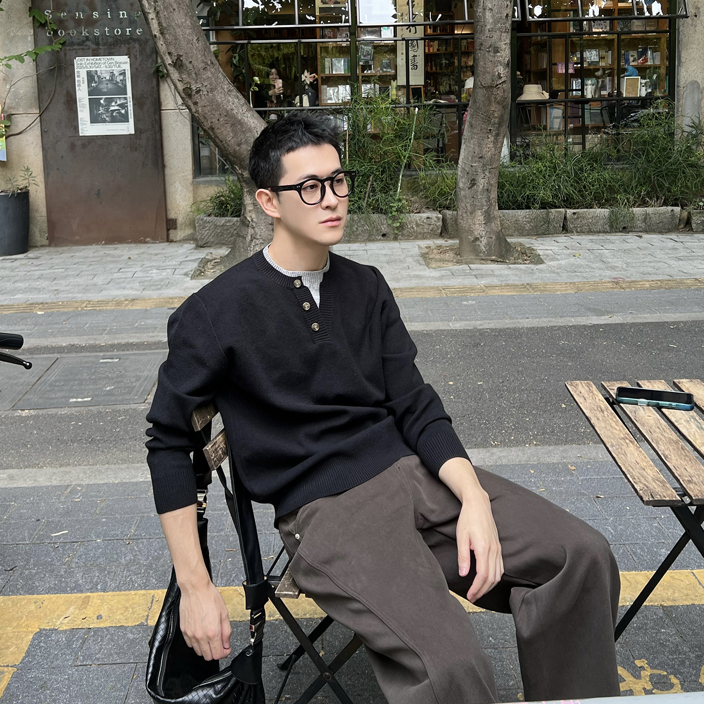 NickTian假两件亨利领针织衫男