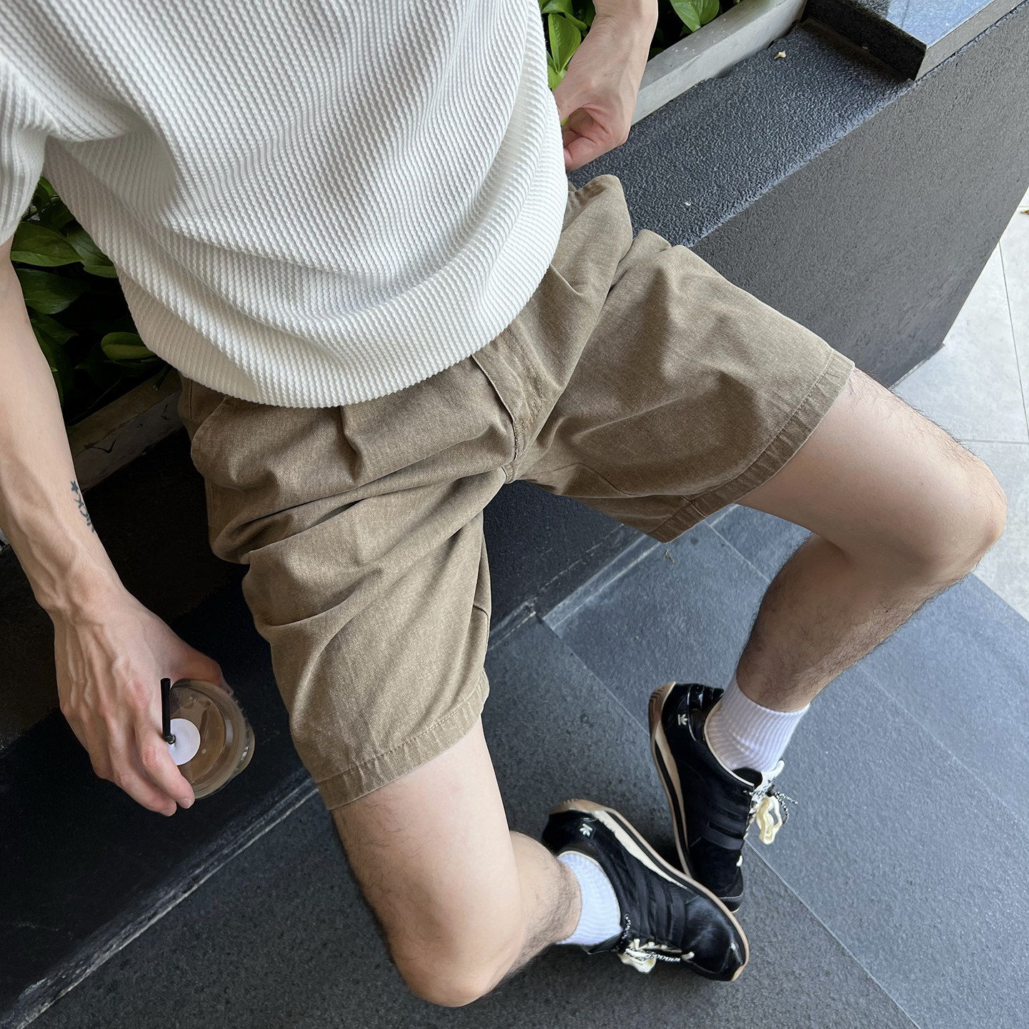 Nick Tian 美式复古半松紧腰牛仔短裤男夏季新款宽松休闲直筒裤子