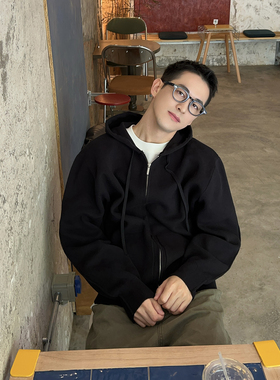 Nick Tian 黑色连帽针织衫男秋冬新款休闲风薄款宽松毛衣拉链外套