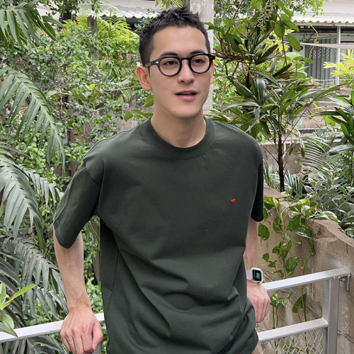 NickTian爱心刺绣绿色圆领短袖