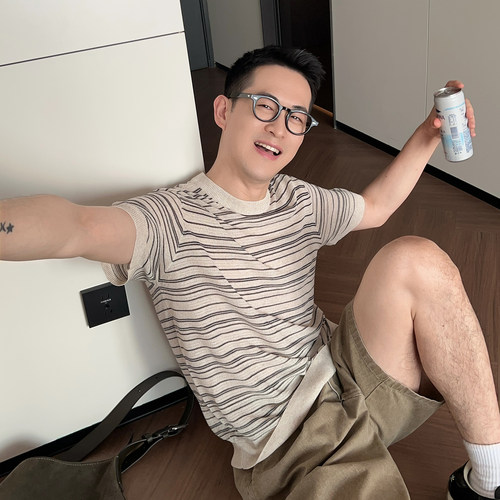 NickTian条纹莱赛尔针织短袖