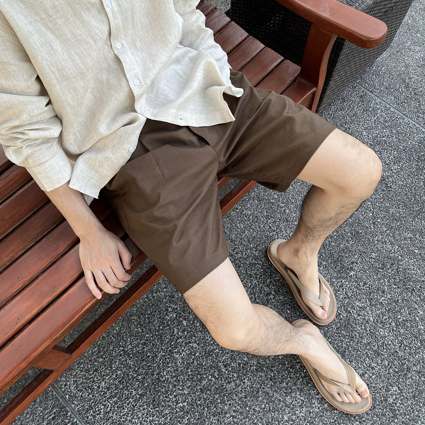 Nick Tian 松紧腰薄款仿亚麻休闲短裤男夏季度假风宽松百搭休闲裤