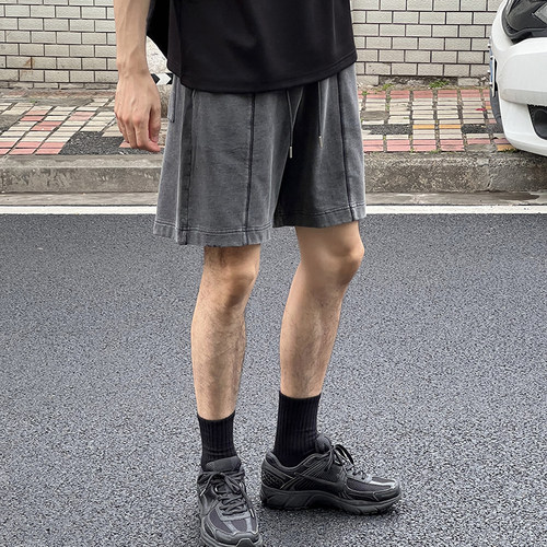 NickTian水洗黑灰运动短裤夏季