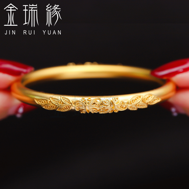 复古24K黄金宫廷时尚手镯 足金999古法贴花送母亲礼物传承金镯子