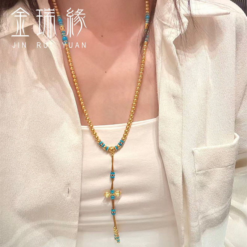古法黄金项链足金999绿松石金刚杵毛衣链光珠圆珠转运珠颈饰礼物