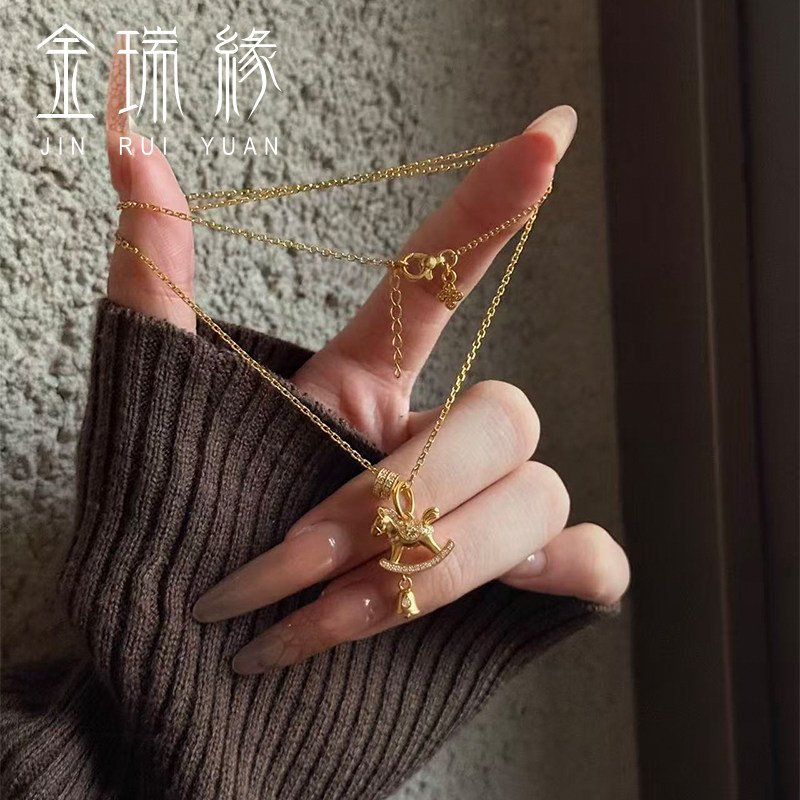黄金点钻木马项链女999足金摇摇小马铃铛项链纯金首饰送女友礼物