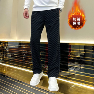 亿姐男装2025男装男士冬季高端百搭加厚加绒直筒格子休闲裤