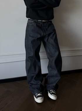 ''TZG''16OZ未脱浆做旧窄幅红边赤耳原牛复古直筒百搭纯色牛仔裤