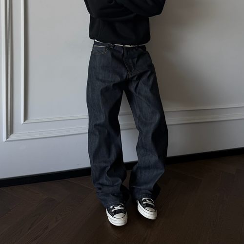 ''TZG''16OZ未脱浆做旧窄幅红边赤耳原牛复古直筒百搭纯色牛仔裤