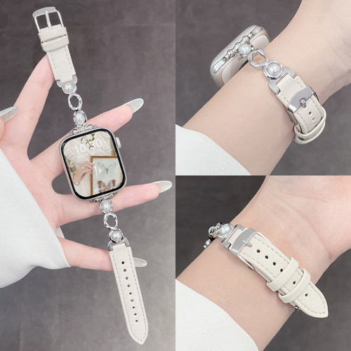 适用苹果手表带s12新款s11珍珠拼皮applewatch10运动表链s9夏天s8女款iwatchse3表带皮质小众s7颜值女生ultra