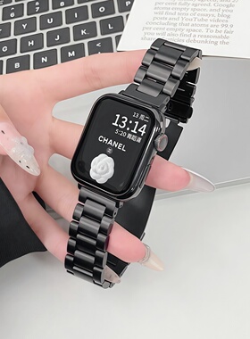 适用苹果s10手表s11表带s9三珠不锈钢iwatchs9/8/7/6/5/运动SE3高级ultra3金属applewatch男女10代替换带配件