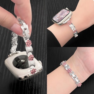 适用iwatchs10手表带s11表带夏季新款iwatchse3苹果s9s8s7女生s6s5丝绸镶钻贝壳花手表链applewatch替换带