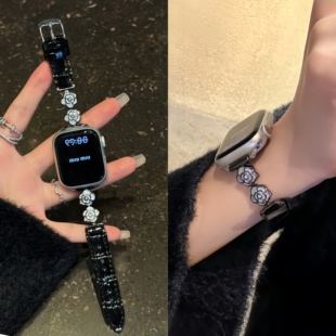 适用红米watch6表带Redmi5手表watch4代鎏金山茶花皮质腕带小米手环9Pro智能运动8pro秋冬替换带男女高级配件