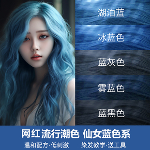 蓝黑湖泊蓝雾霾蓝雾蓝色染发剂植物纯2023流行色显白冰蓝灰染发膏