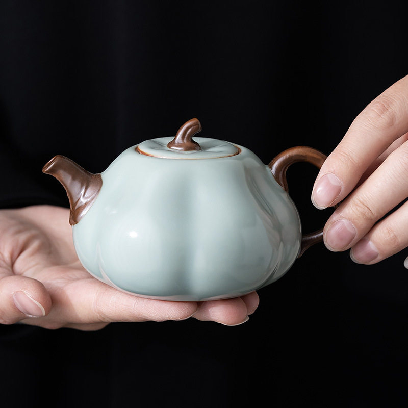宋朴天青南瓜壶汝窑茶壶陶瓷手工单壶大号功夫茶具汝瓷可养泡茶壶