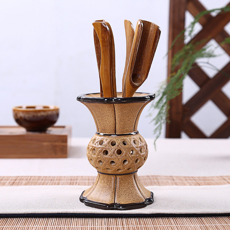 特色粗陶茶道六君子纯手工陶瓷配竹子套装功夫茶具配件摆设品