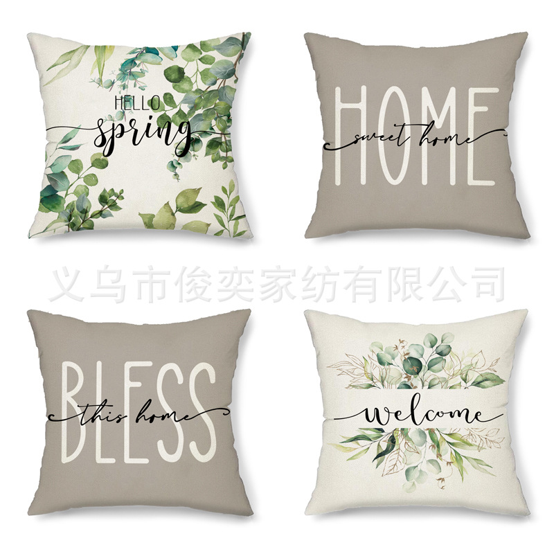 亚马逊跨境爆款春天庭院亚麻抱枕套 植物树叶字母汽车沙发靠垫套