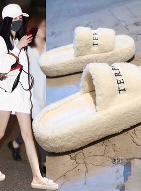 爆款厚底毛毛拖鞋女外穿时尚2023秋冬季新款欧洲站保暖网红一字拖