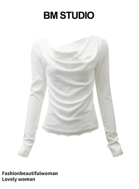 Brandy girl新款WM长袖T恤堆堆领褶皱设计感蕾丝假两件内搭上衣女