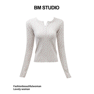 Brandygirl新款bm长袖T恤碎花五粒扣修身显瘦百搭纯欲甜美上衣女