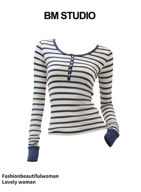 Brandygirl新款bm长袖T恤蓝色条纹六粒扣修身显瘦百搭套头上衣女