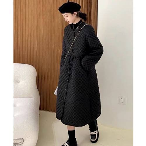 复古菱格棉服裙女小众中长款棉衣外套冬季2022年新款收腰轻薄夹棉