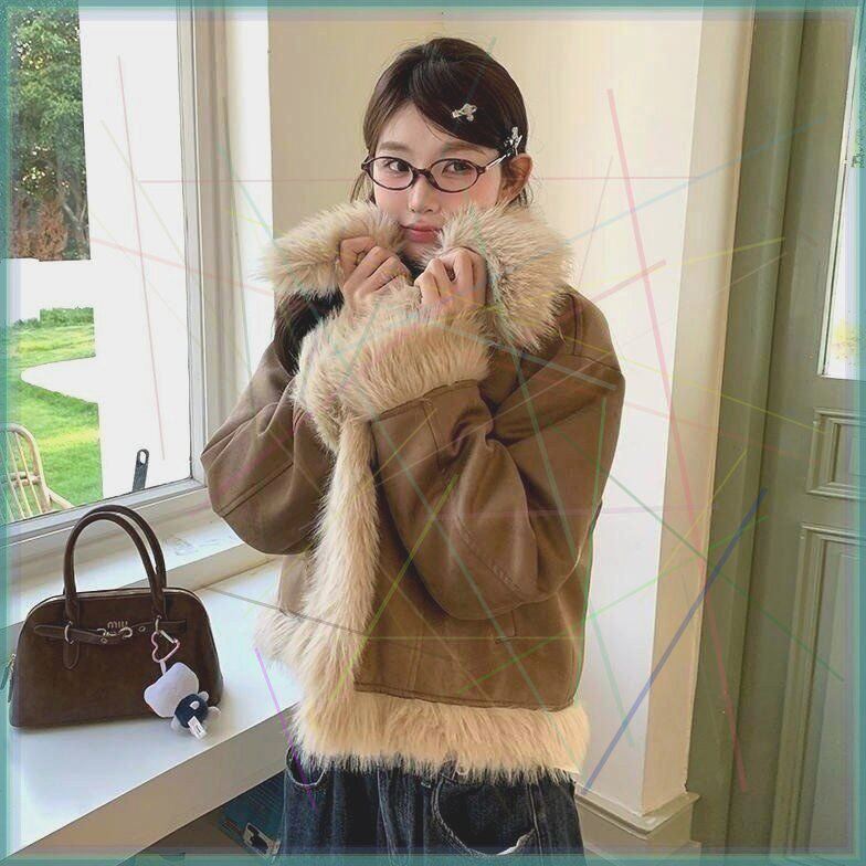 环保仿皮草大毛领美式复古短款外套女秋冬新款毛绒绒羊羔毛上衣