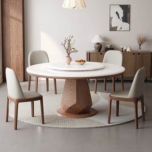 新款 白冰玉大理石圆形餐桌带转盘家用实木高档中古北欧风饭桌圆桌