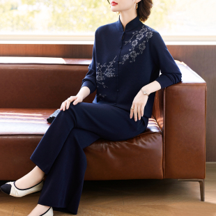 洋气国风运动套装 妈妈2025新款 针织两件套中老年女秋季 新中式 秋装