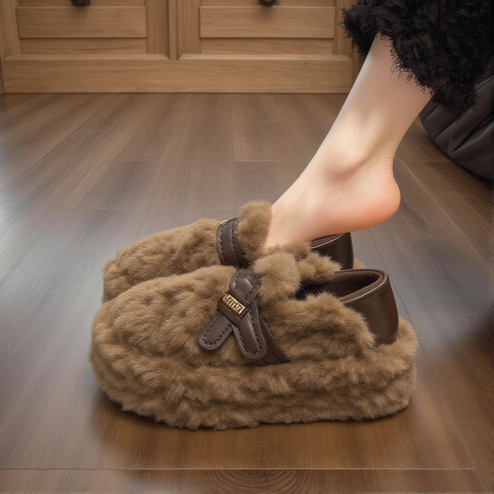 【羊羔绒】厚底毛毛鞋女2025新款冬季皮带扣加绒保暖软底防滑棉鞋