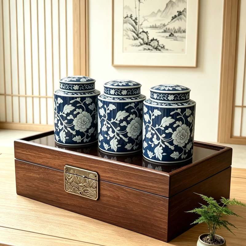 木盒青花陶瓷中式仿古密封茶叶罐