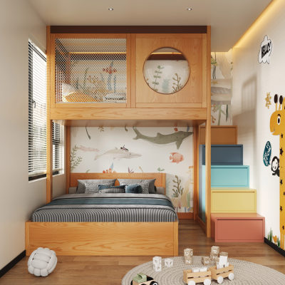 定制全实木交错式上下错位母子床小户型儿童树屋楼梯床带秘密基地