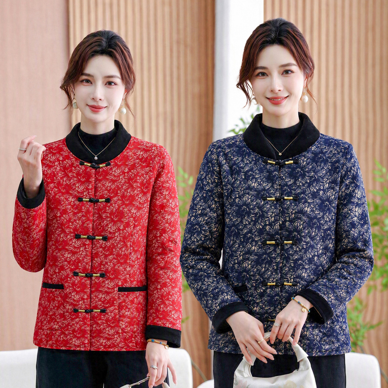 中老年女盘扣碎花加绒加厚棉服