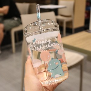 高硼硅玻璃杯耐热带吸管水杯子少女便携学生随手杯可爱牛奶果汁杯