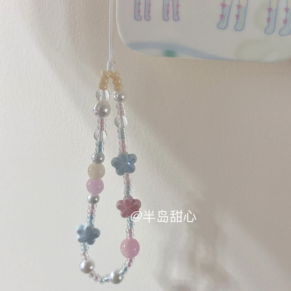 半岛甜心手作陶瓷樱花手机挂绳蓝粉花朵手机链手腕挂绳串珠相机链