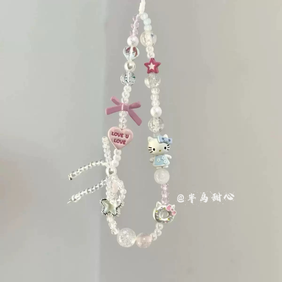 半岛甜心手作蓝色kitty猫手机链蝴蝶结短款ccd相机diy串珠挂绳链