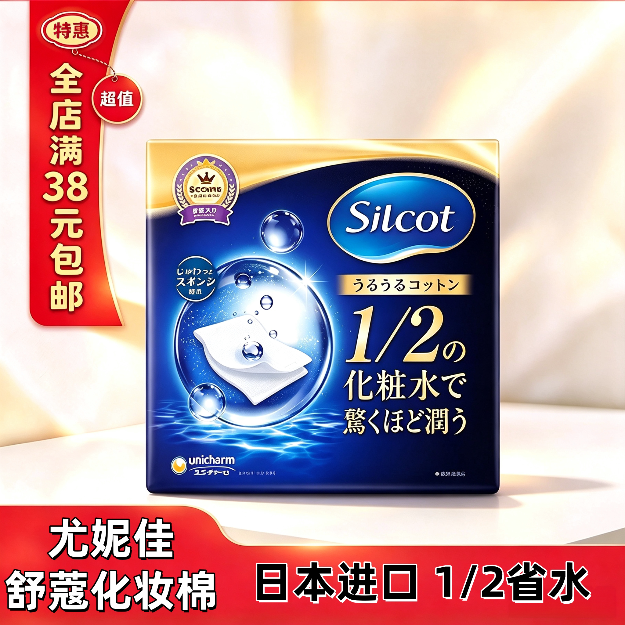 尤妮佳舒蔻化妆棉1/2省水湿敷柔韧高保湿40片日本进口cosme大赏