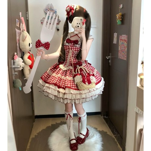 掉落【格蕾心事】桃桃苏打原创甜系格子控Lolita蛋糕裙