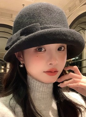 赫本风卷边羊毛蝴蝶结礼帽女冬季法式圆顶千金帽显脸小渔夫帽